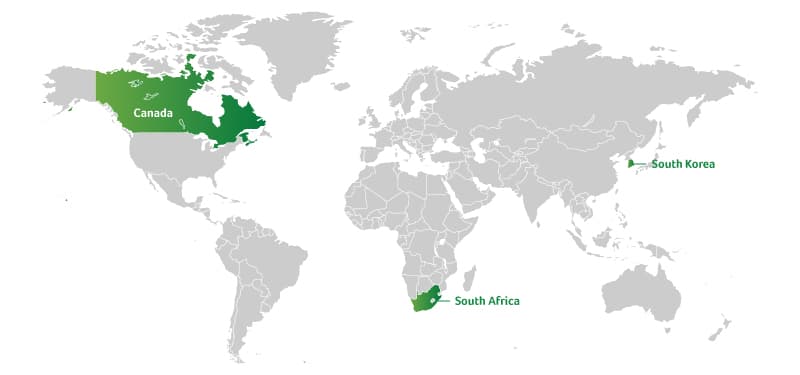 Global map highlighting Canada, South Africa, and South Korea as locations for Formula E sites.