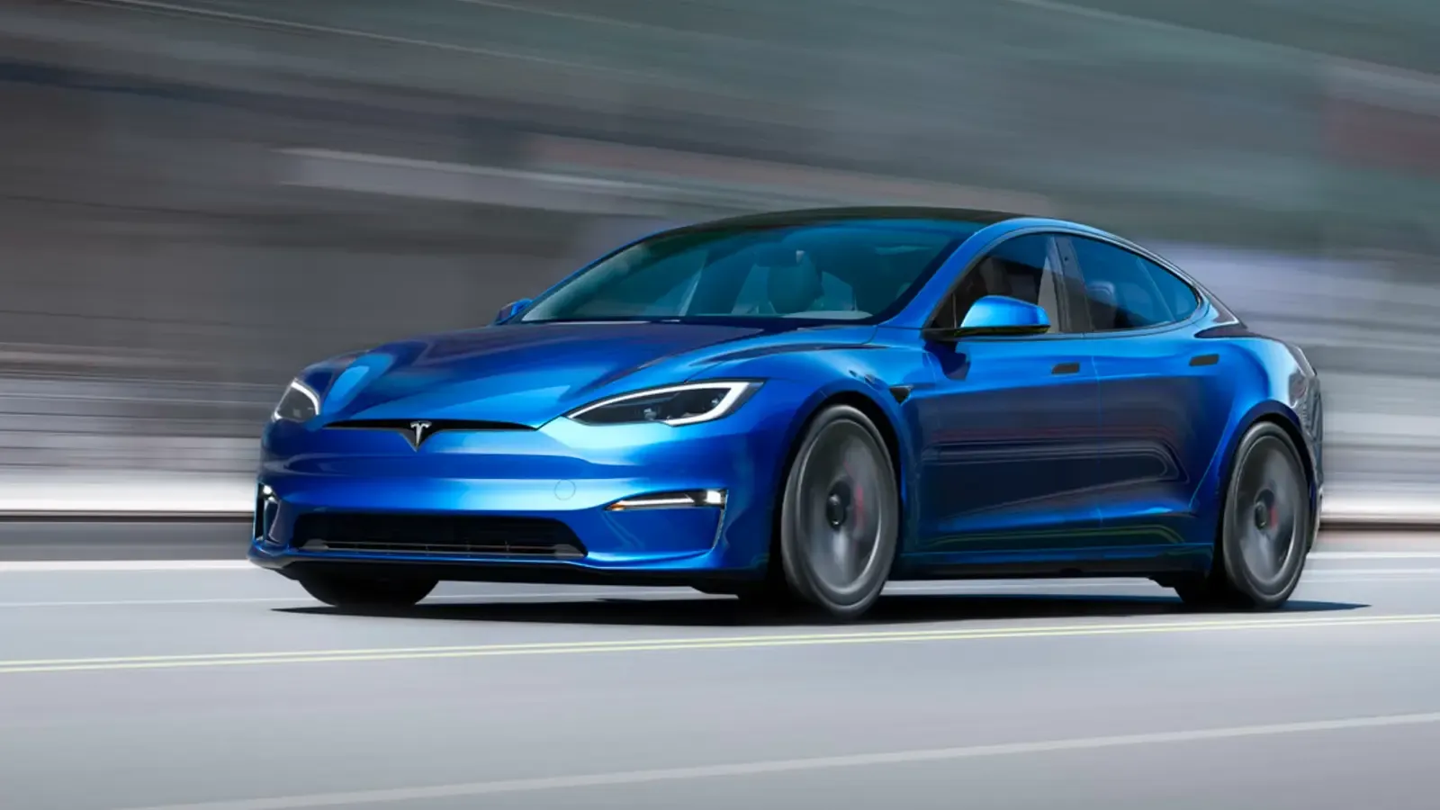 Blue Tesla Model S driving on the road